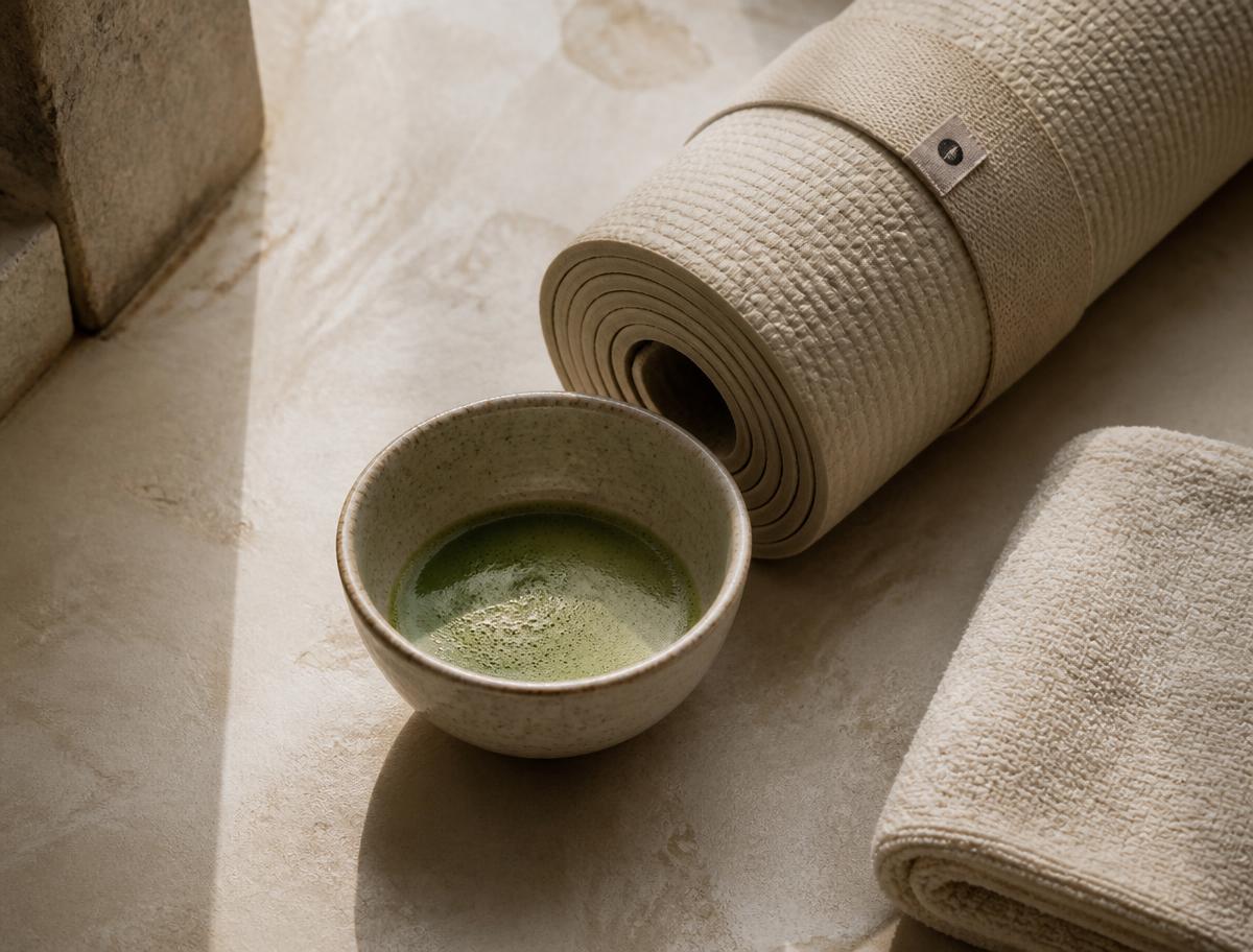 Sfeerbeeld: matcha naast een opgerolde yogamat